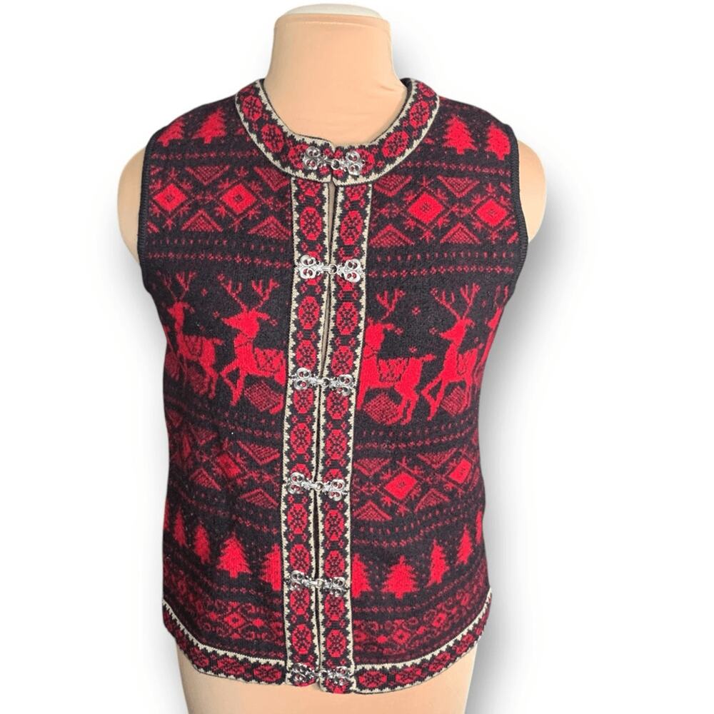 Vintage 90s Burgundy Black Wool Reindeer Knit Fair Isle Sweater Holiday Vest